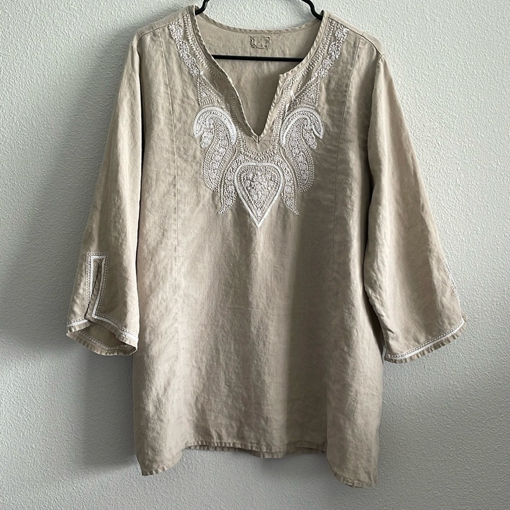 Symple NYC Tan Linen Sequined Embroidered 3/4 Sleeve Blouse Top - Picture 1 of 7